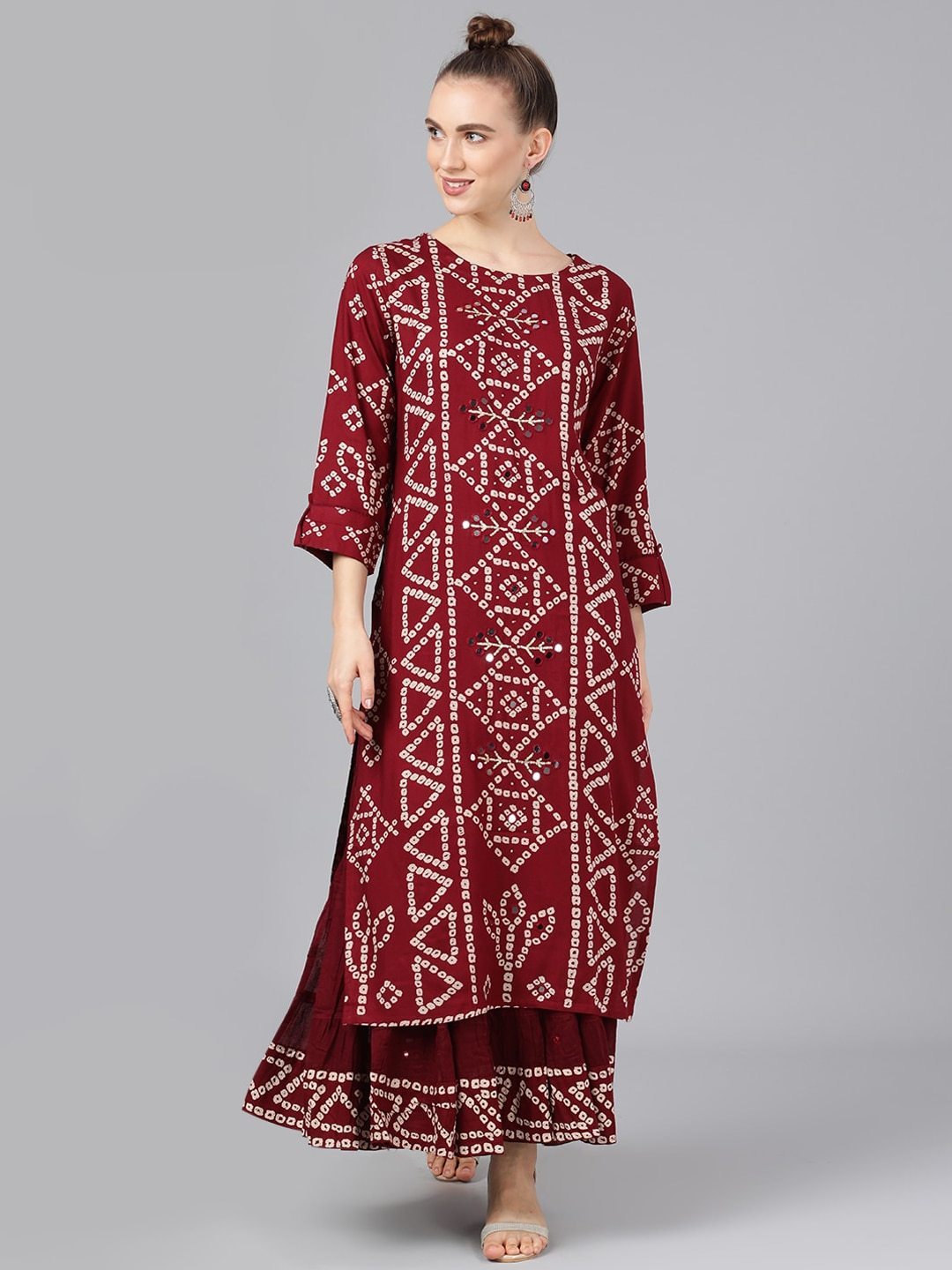 Women's  Maroon Printed Kurta with Skirt