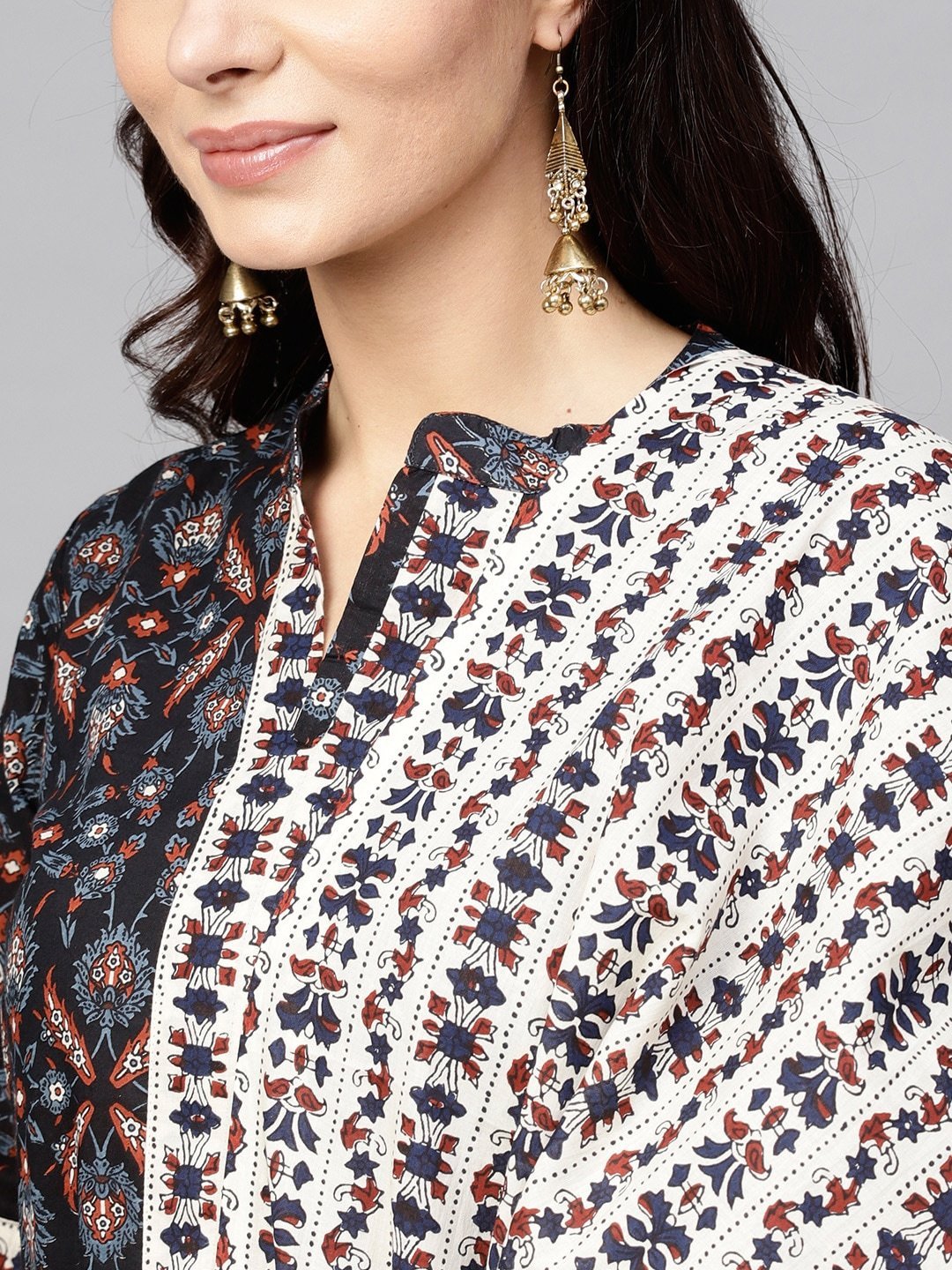 Women's  Black & Off-White Printed Kurta with Trousers & Dupatta