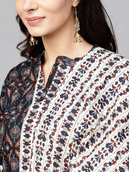 Women's  Black & Off-White Printed Kurta with Trousers & Dupatta