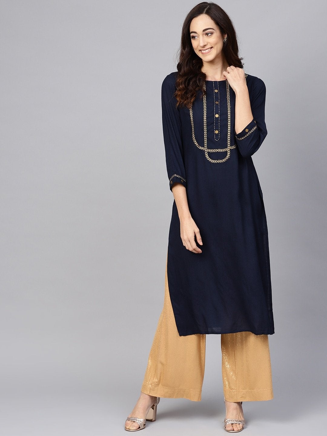 Women's Navy Blue & Golden Yoke Design Straight Kurta