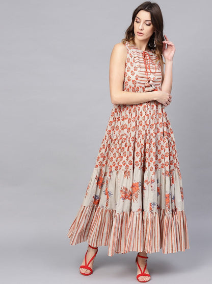 Women's  Beige & Orange Printed Tiered Maxi Dress