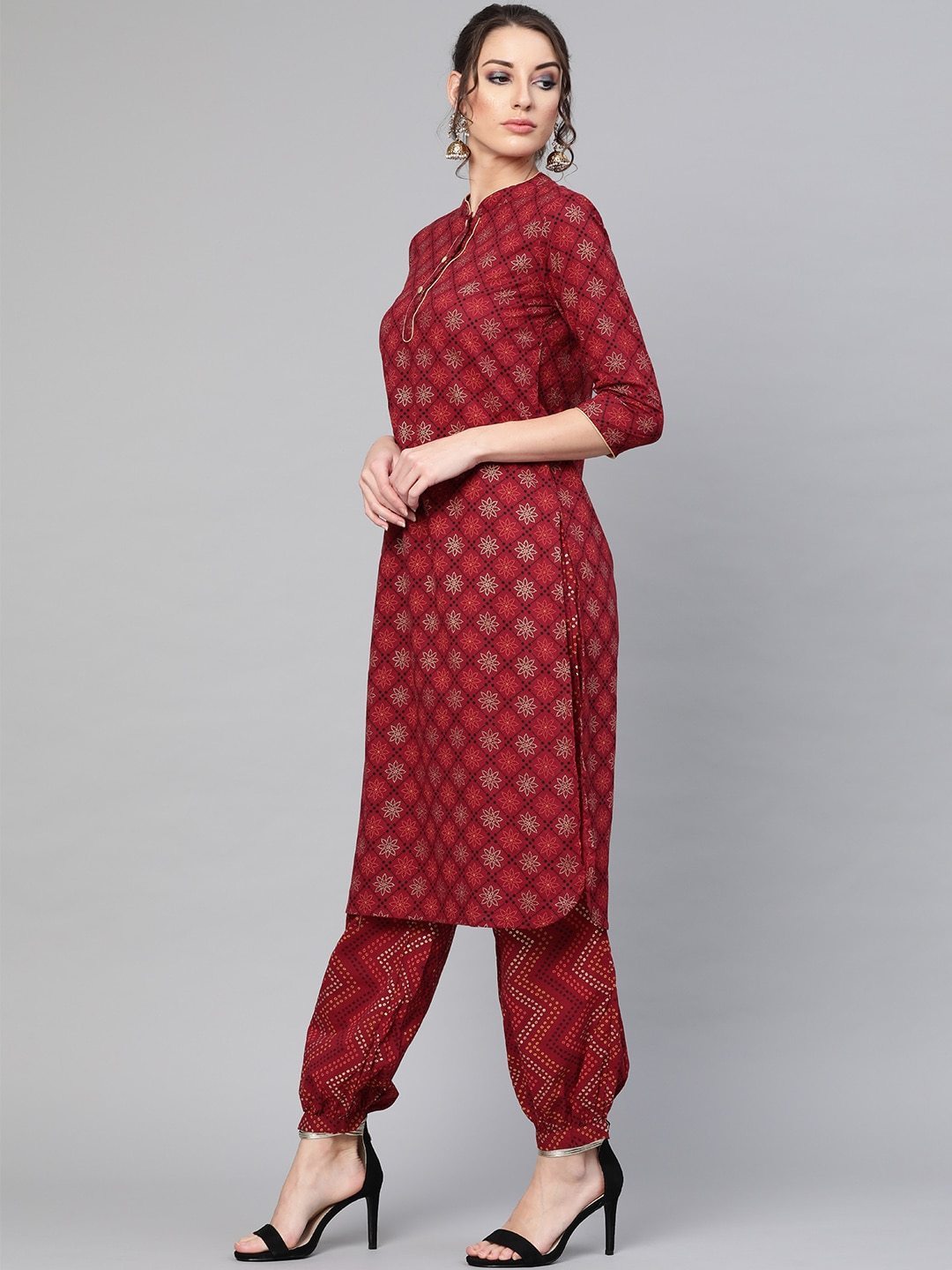 Women's  Maroon & Orange Printed Kurta with Trousers