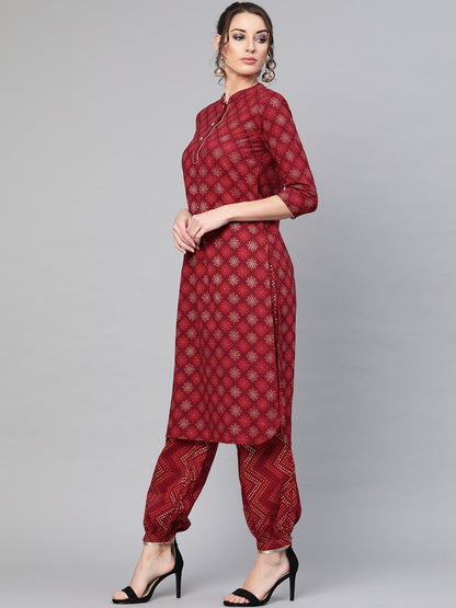 Women's  Maroon & Orange Printed Kurta with Trousers