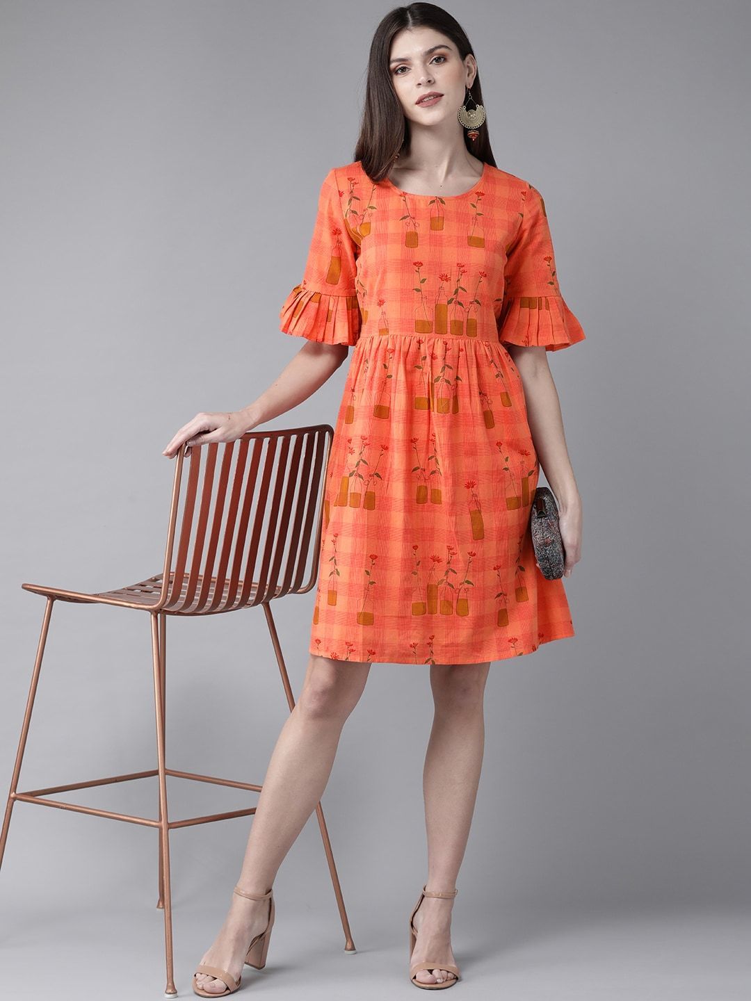 Women's  Orange & Mustard Brown Printed Fit and Flare Dress