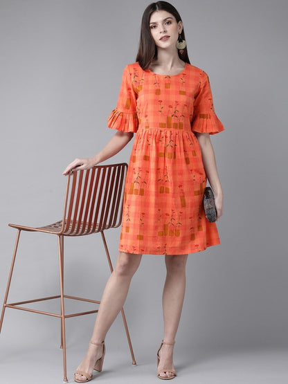 Women's  Orange & Mustard Brown Printed Fit and Flare Dress