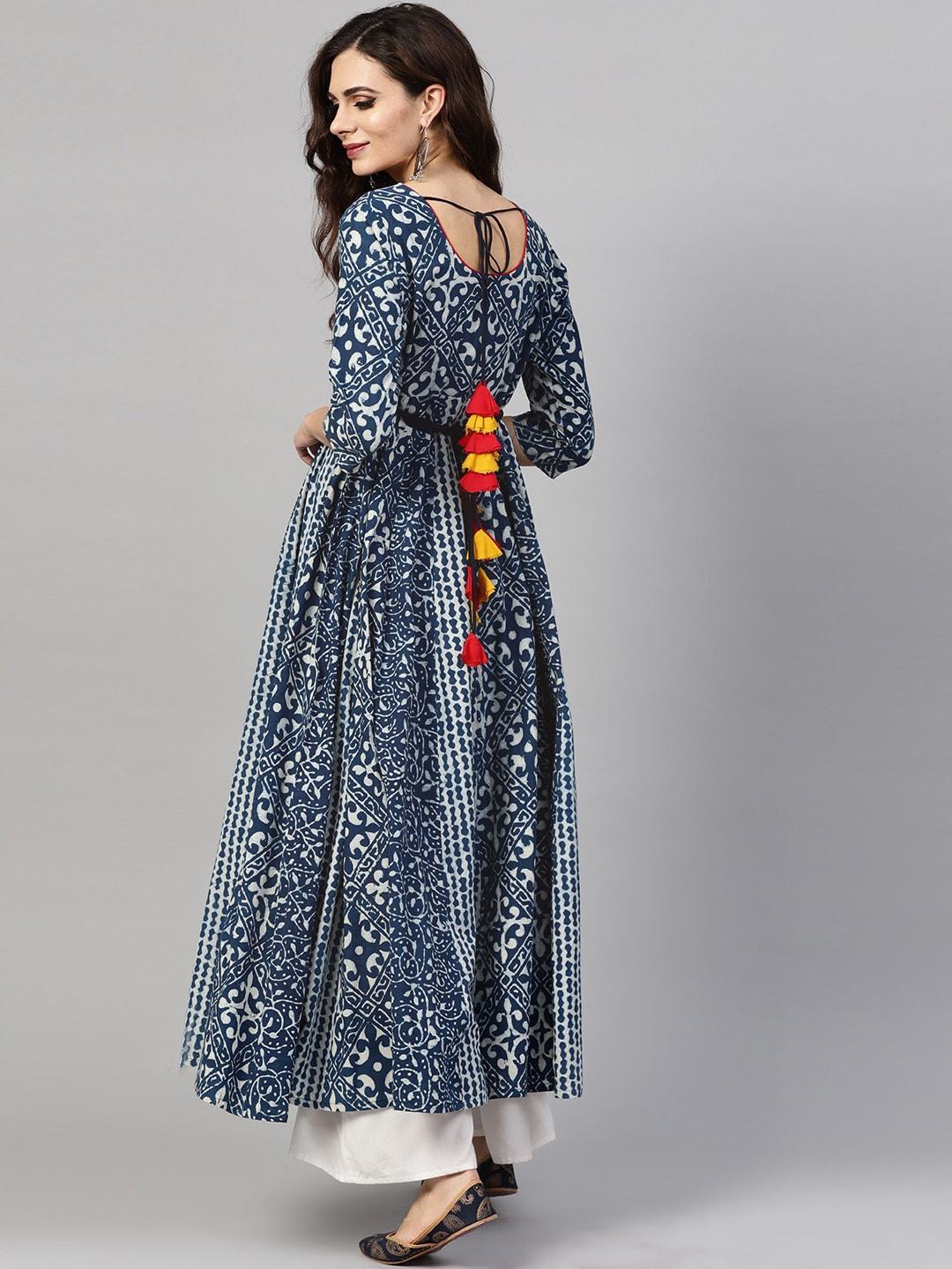 Women's  Blue & White Printed Anarkali Kurta