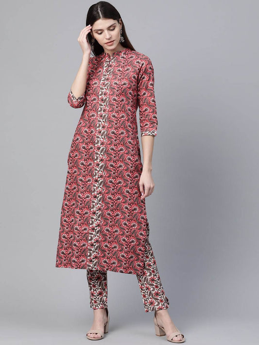 Women's  Pink & White Printed Kurta with Trousers