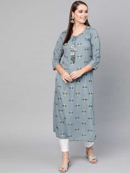 Women's  Blue & Golden Printed Straight Kurta