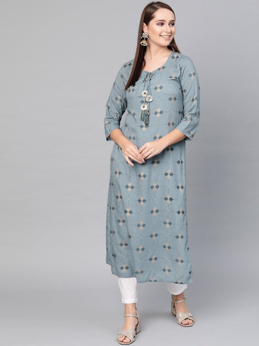 Women's  Blue & Golden Printed Straight Kurta