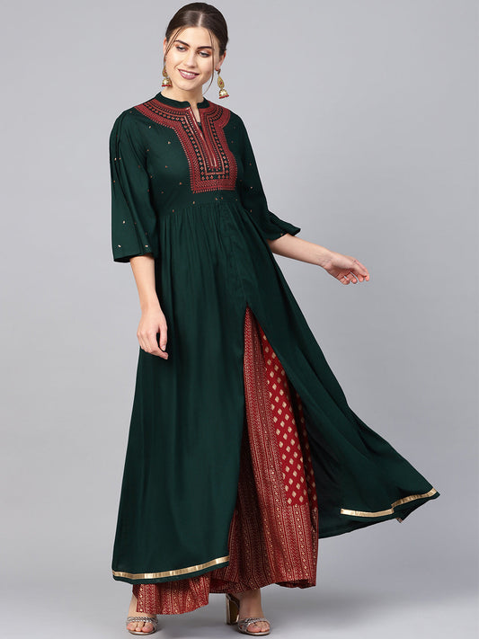 Women's Rayon Printed Front Slit Kurta With Printed Flared Palazzo