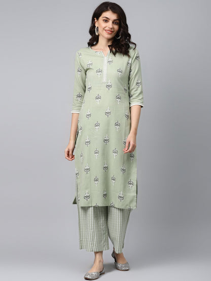 Women's Light Green Printed Kurta Set