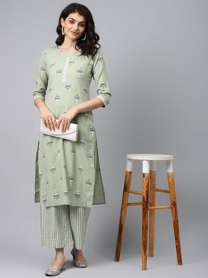 Women's Light Green Printed Kurta Set