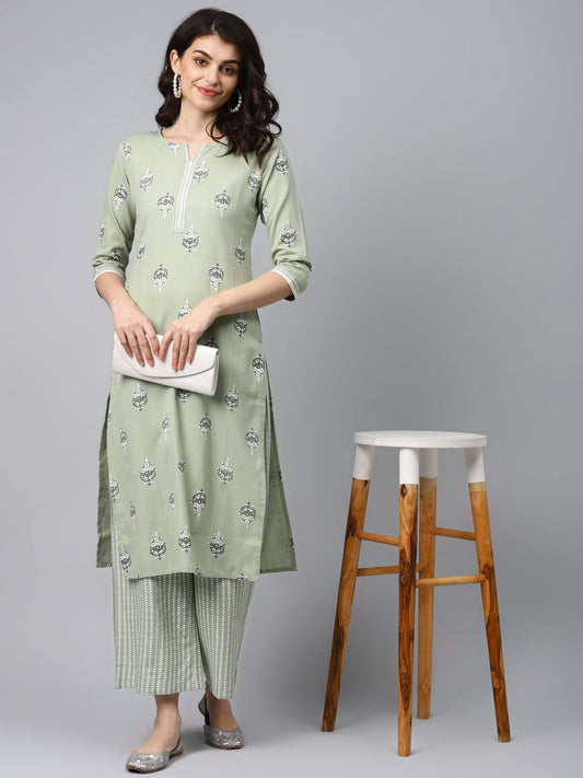Women's Light Green Printed Kurta Set