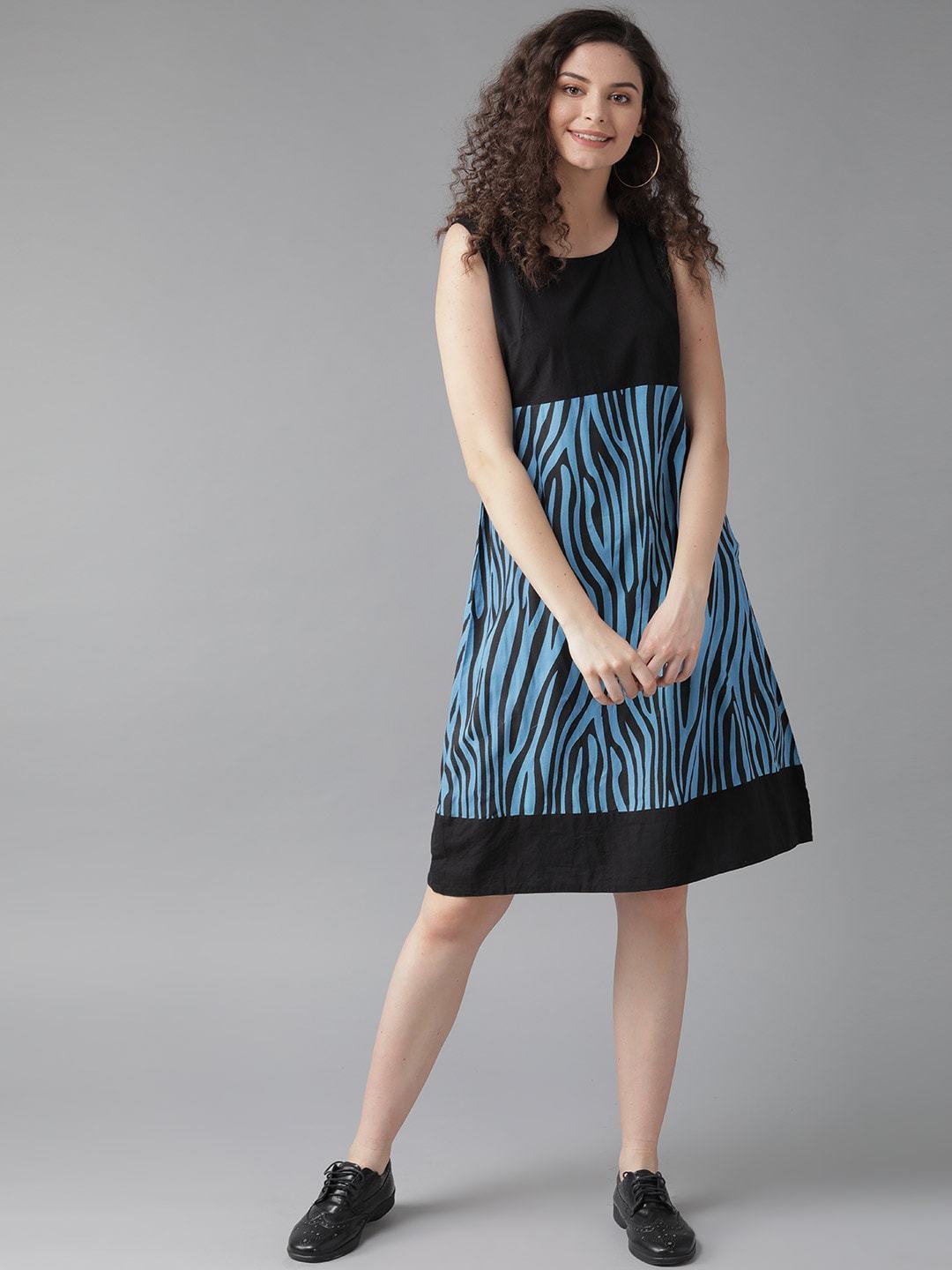 Women's  Blue & Black Animal Printed A-Line Dress with Jacket