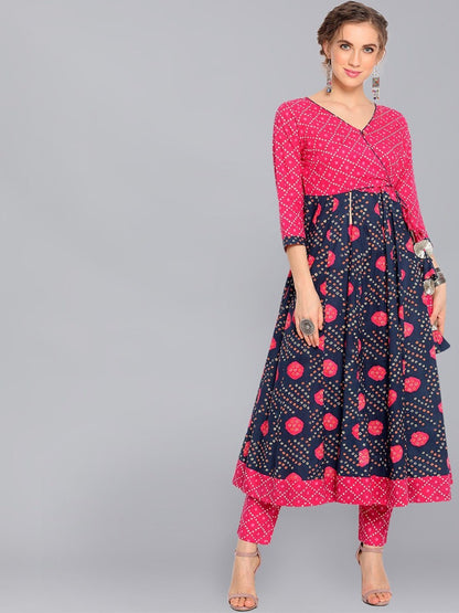 Women's  Navy Blue & Pink Printed Anarkali Style Angarkha Kurta