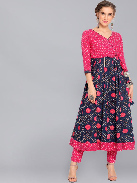 Women's  Navy Blue & Pink Printed Anarkali Style Angarkha Kurta