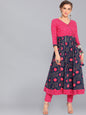 Women's  Navy Blue & Pink Printed Anarkali Style Angarkha Kurta