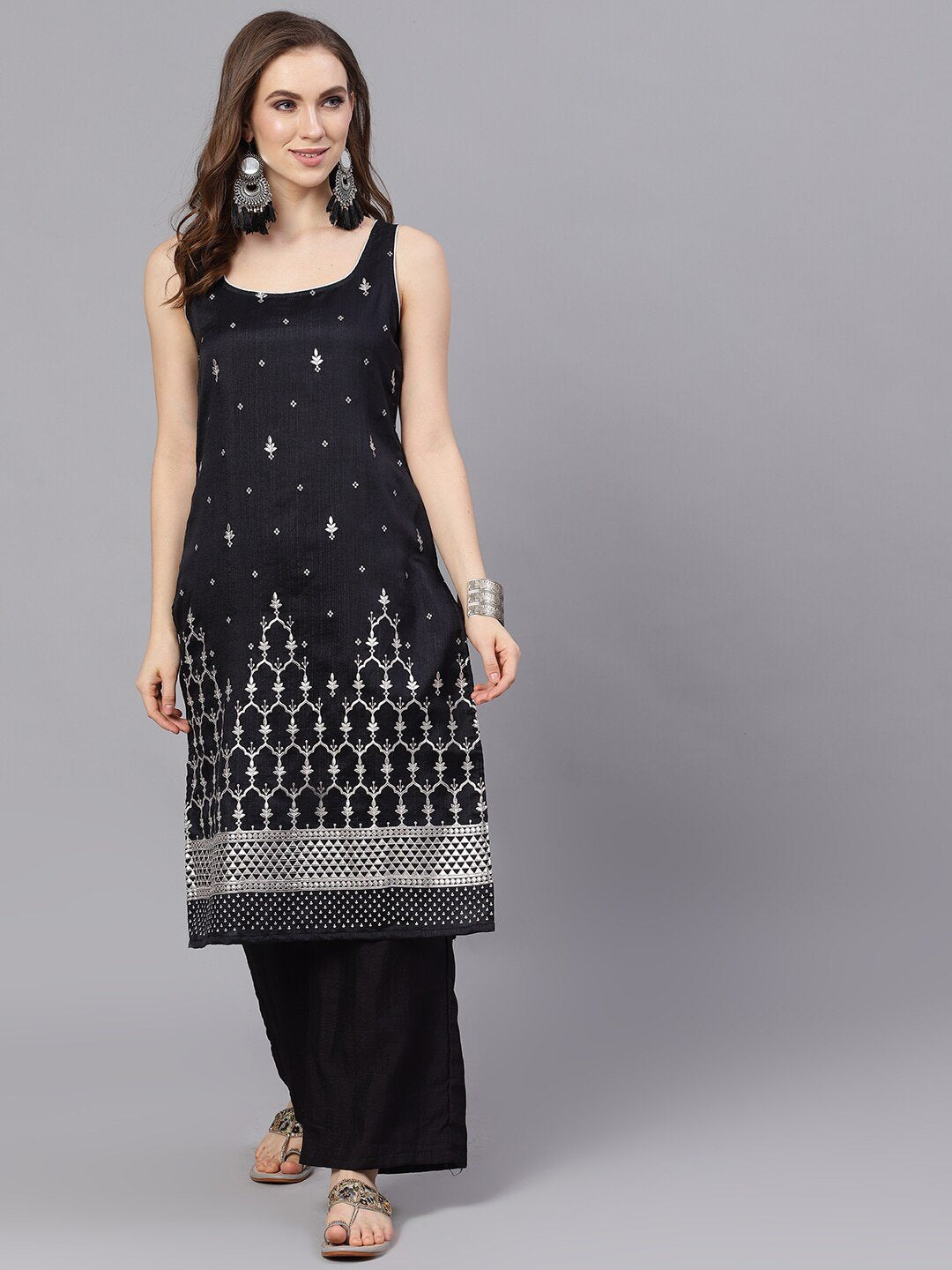 Women's Black Sliver Foil Printed Straight Kurta With Palazzo Set