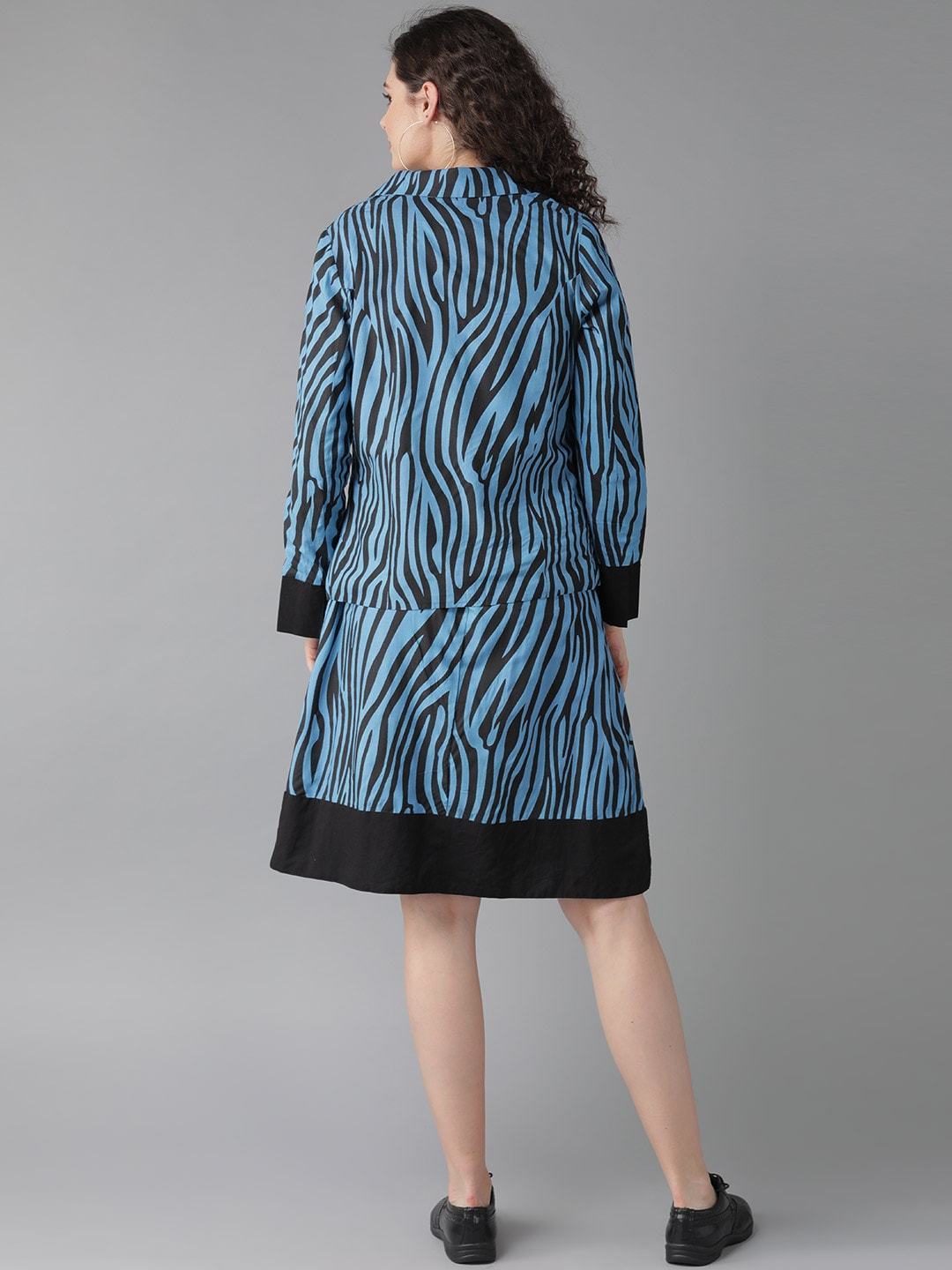 Women's  Blue & Black Animal Printed A-Line Dress with Jacket