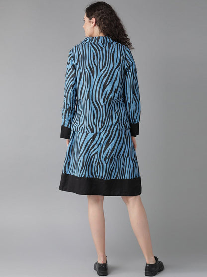 Women's  Blue & Black Animal Printed A-Line Dress with Jacket