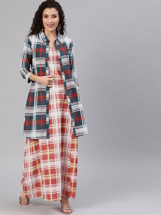 Women's  Red Checked Maxi Dress With Shirt
