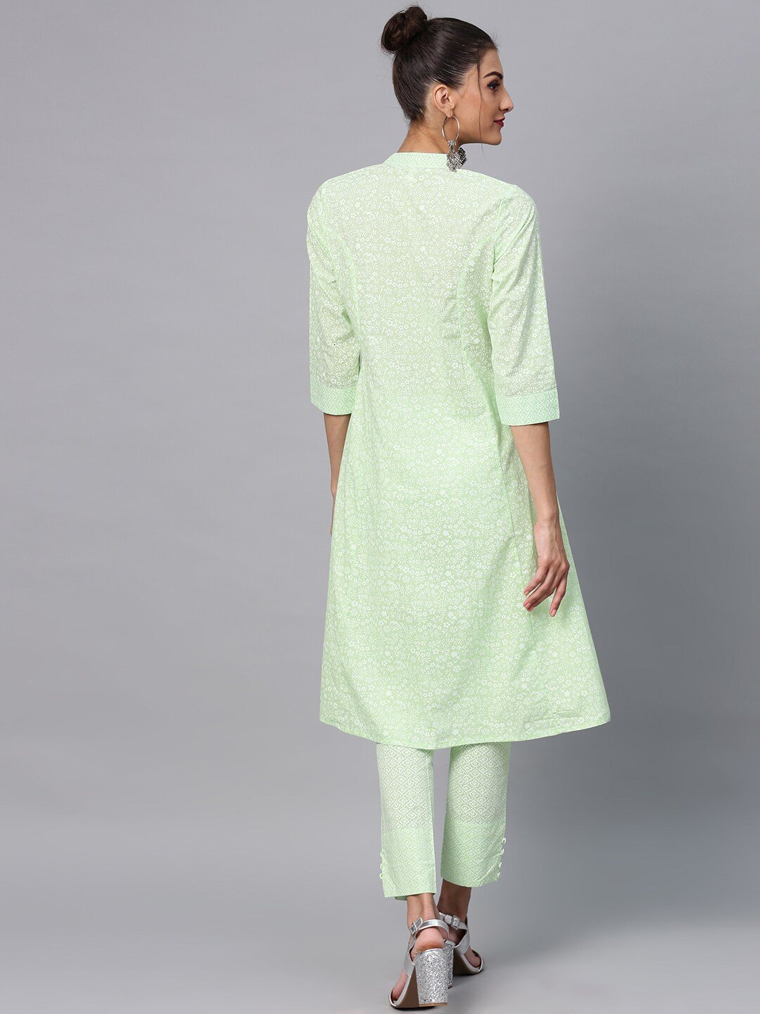 Women's  Green & White Printed A-Line Kurta