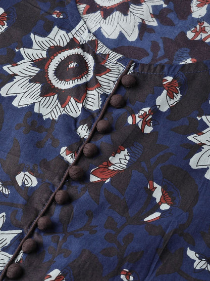 Women's  Navy Blue & Grey Printed Maxi Dress
