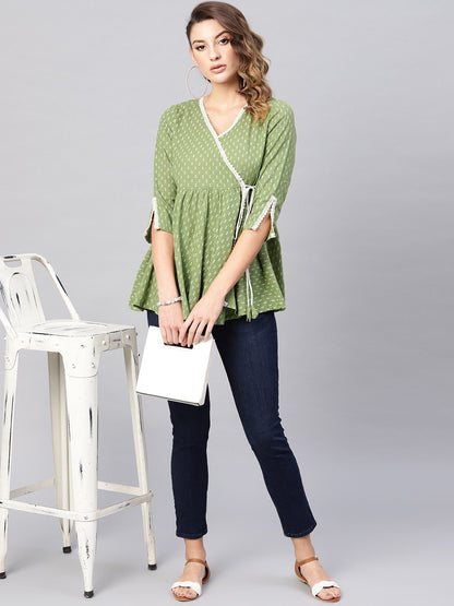 Women's Green & White Printed Angrakha Tunic