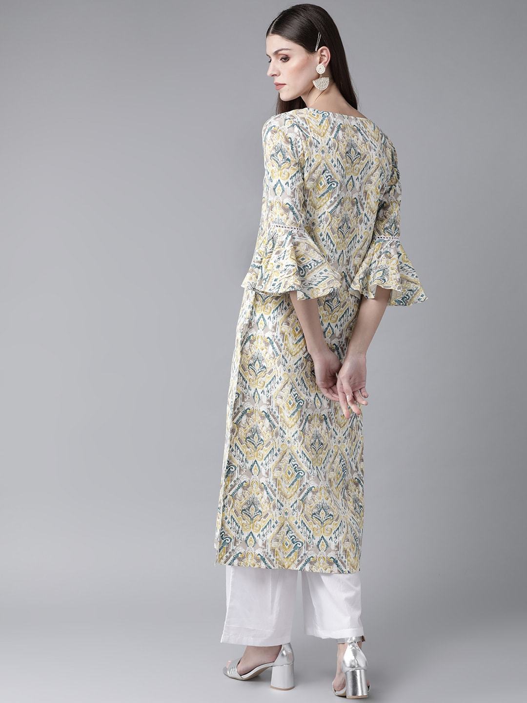 Women's  White & Grey Printed Straight Kurta