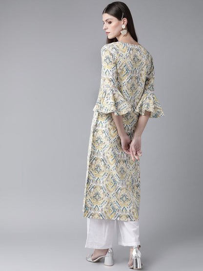 Women's  White & Grey Printed Straight Kurta