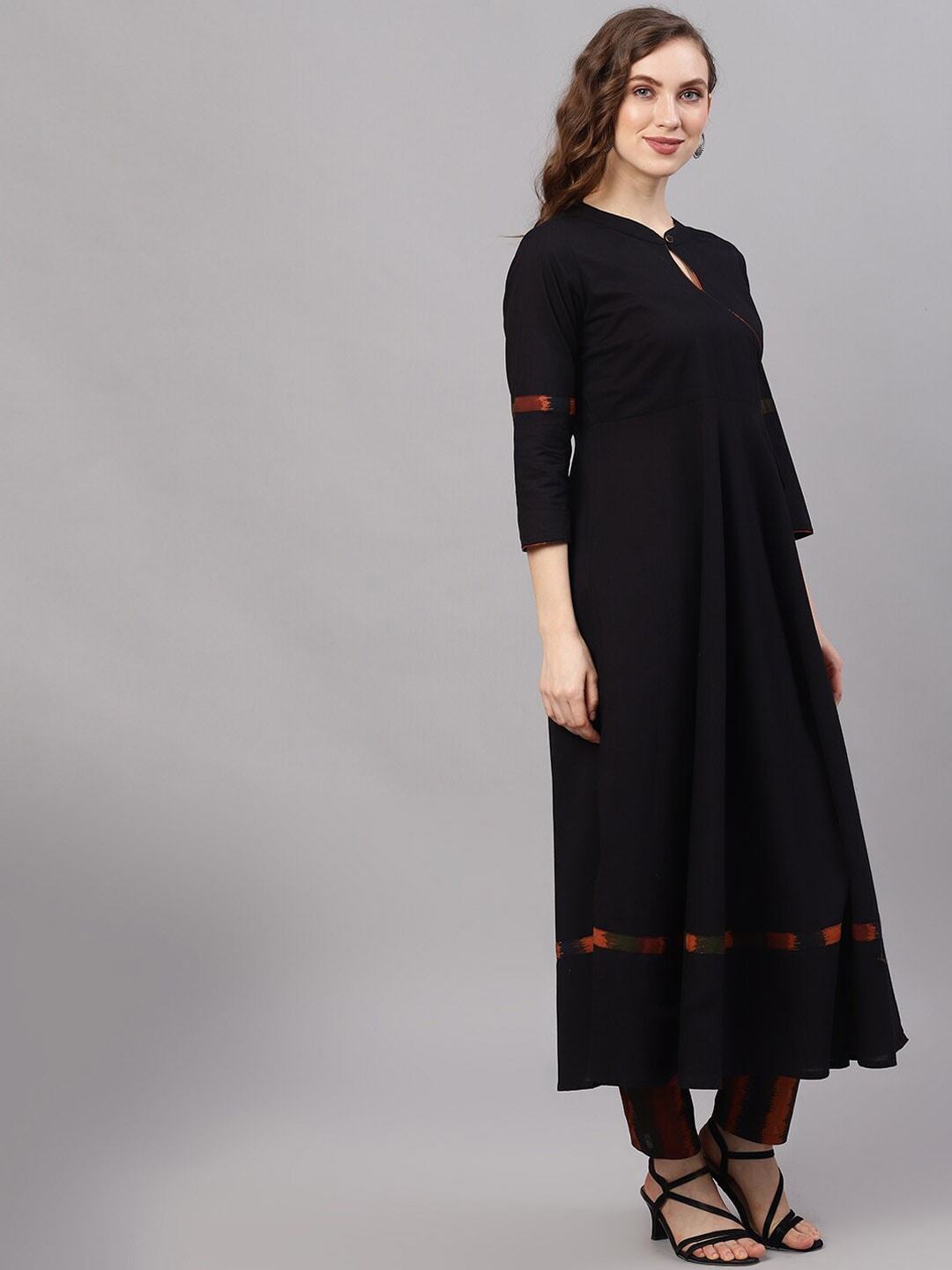 Women's  Black & Orange Solid Kurta with Trousers & Dupatta