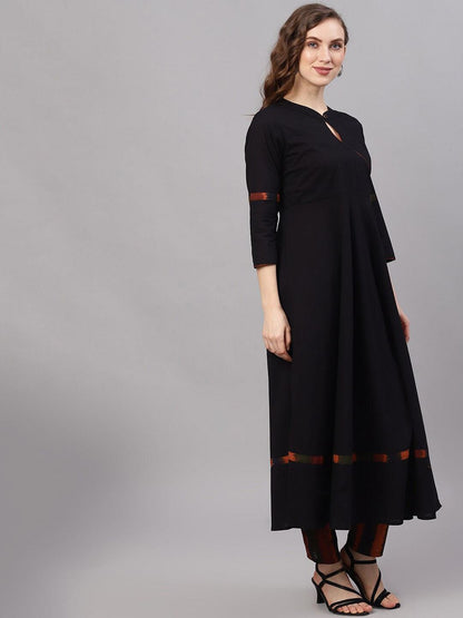 Women's  Black & Orange Solid Kurta with Trousers & Dupatta