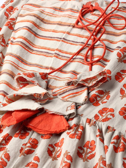 Women's  Beige & Orange Printed Tiered Maxi Dress
