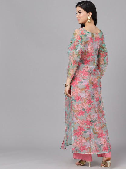 Women's  Pink & Green Printed Kurta with Palazzos