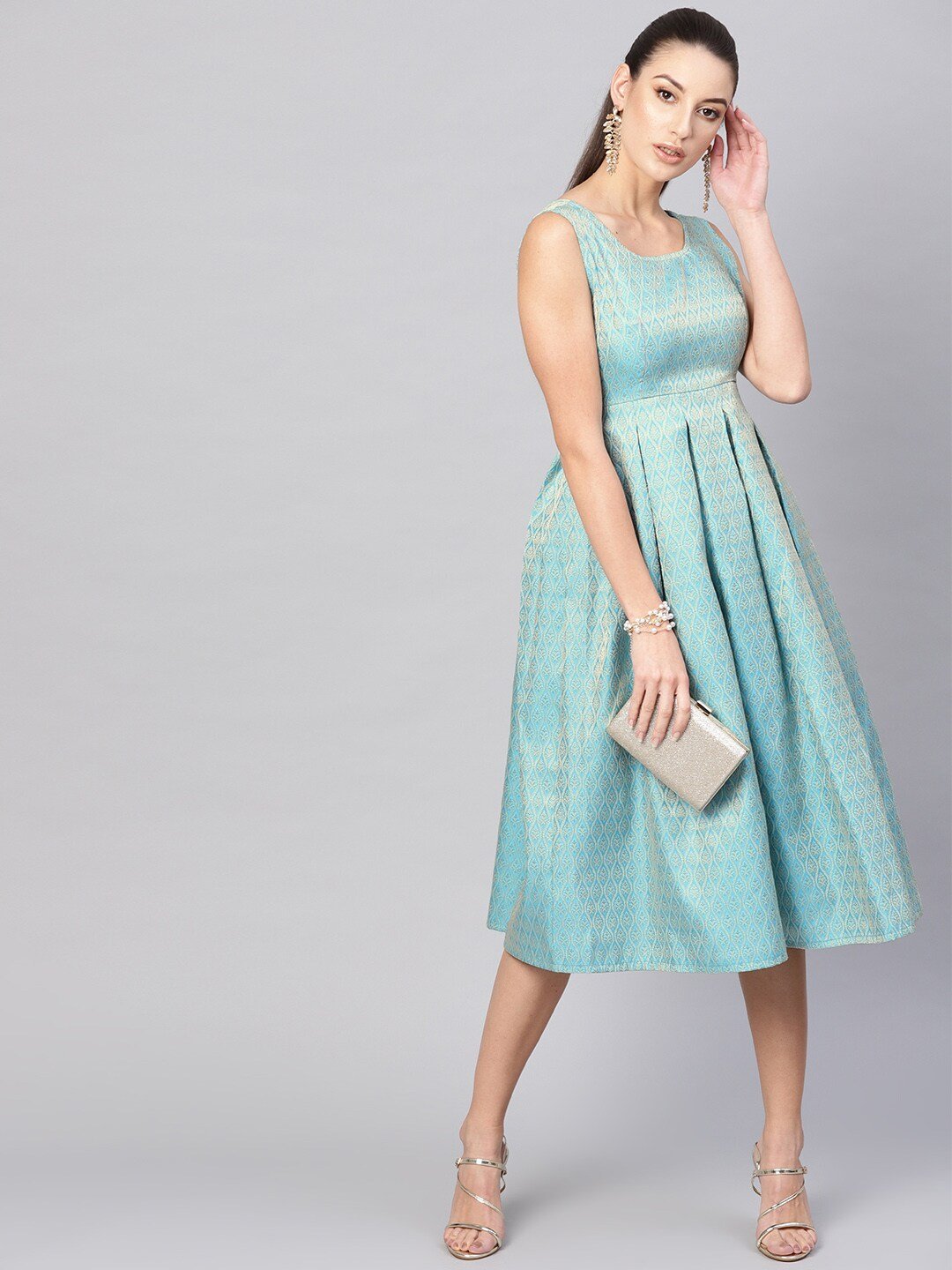 Women's  Blue & Golden Jacquard Midi Fit & Flare Dress