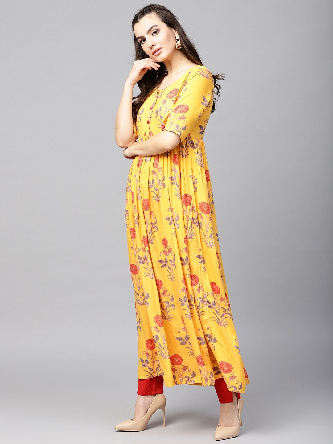 Women's  Mustard Yellow & Rust Orange Printed A-Line Kurta