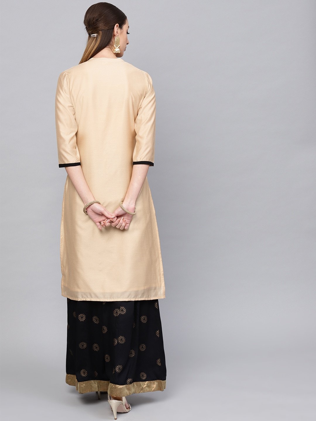 Women's  Beige & Black Printed Straight Kurta
