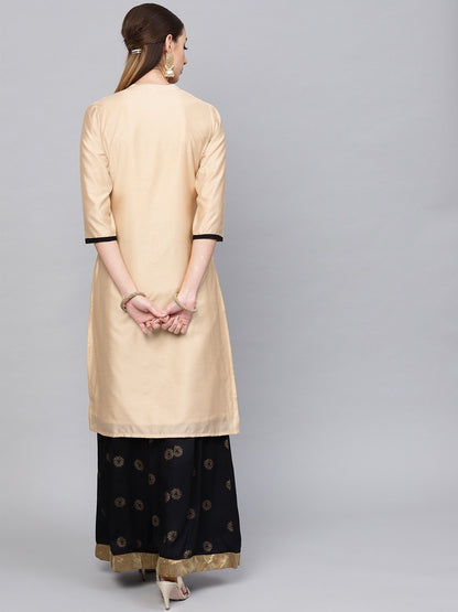 Women's  Beige & Black Printed Straight Kurta