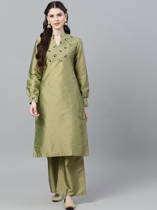 Women's  Green & Black Yoke Design Kurta with Palazzos