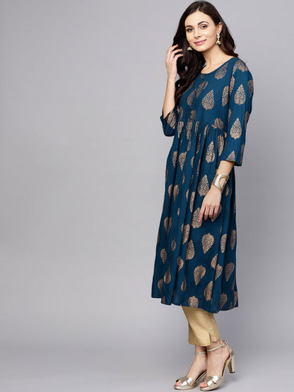 Women's  Teal Blue & Golden Printed A-Line Kurta