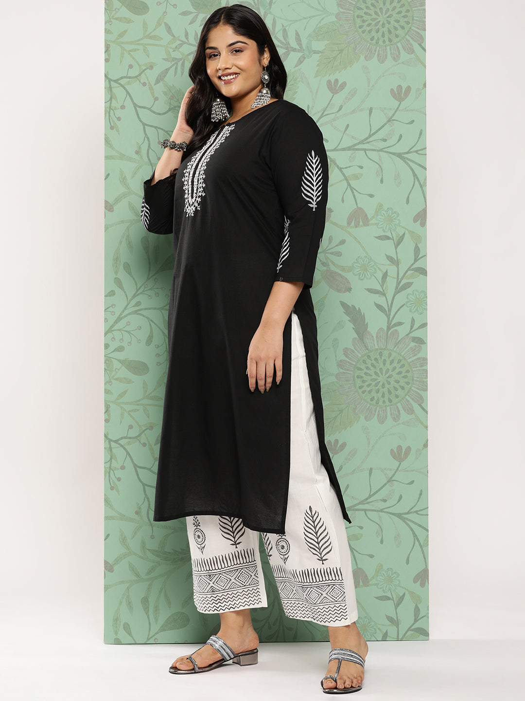 Women's Black & Off-White Yoke Design Cotton Kurta With Palazzos & With Dupatta