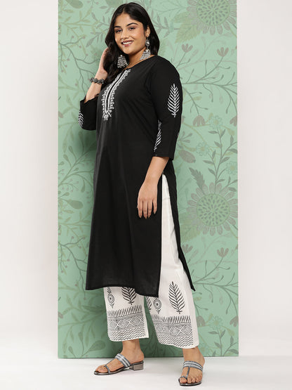 Women's Black & Off-White Yoke Design Cotton Kurta With Palazzos & With Dupatta