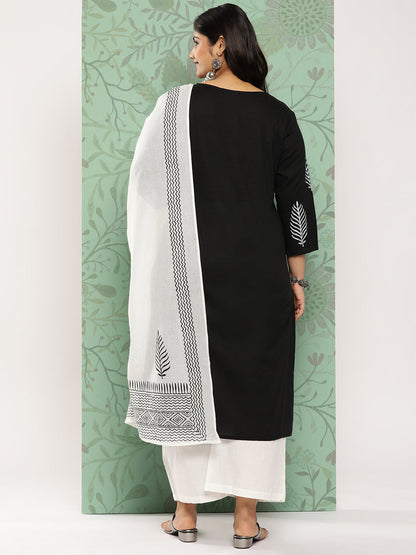 Women's Black & Off-White Yoke Design Cotton Kurta With Palazzos & With Dupatta