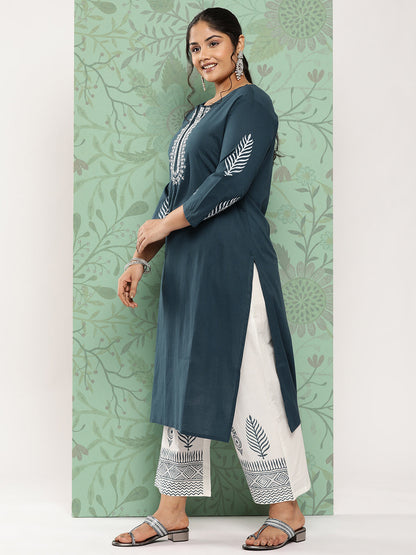 Women's Blue & Off-White Yoke Design Cotton Kurta With Palazzos & With Dupatta