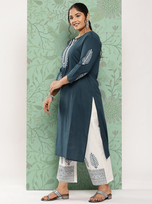 Women's Blue & Off-White Yoke Design Cotton Kurta With Palazzos & With Dupatta