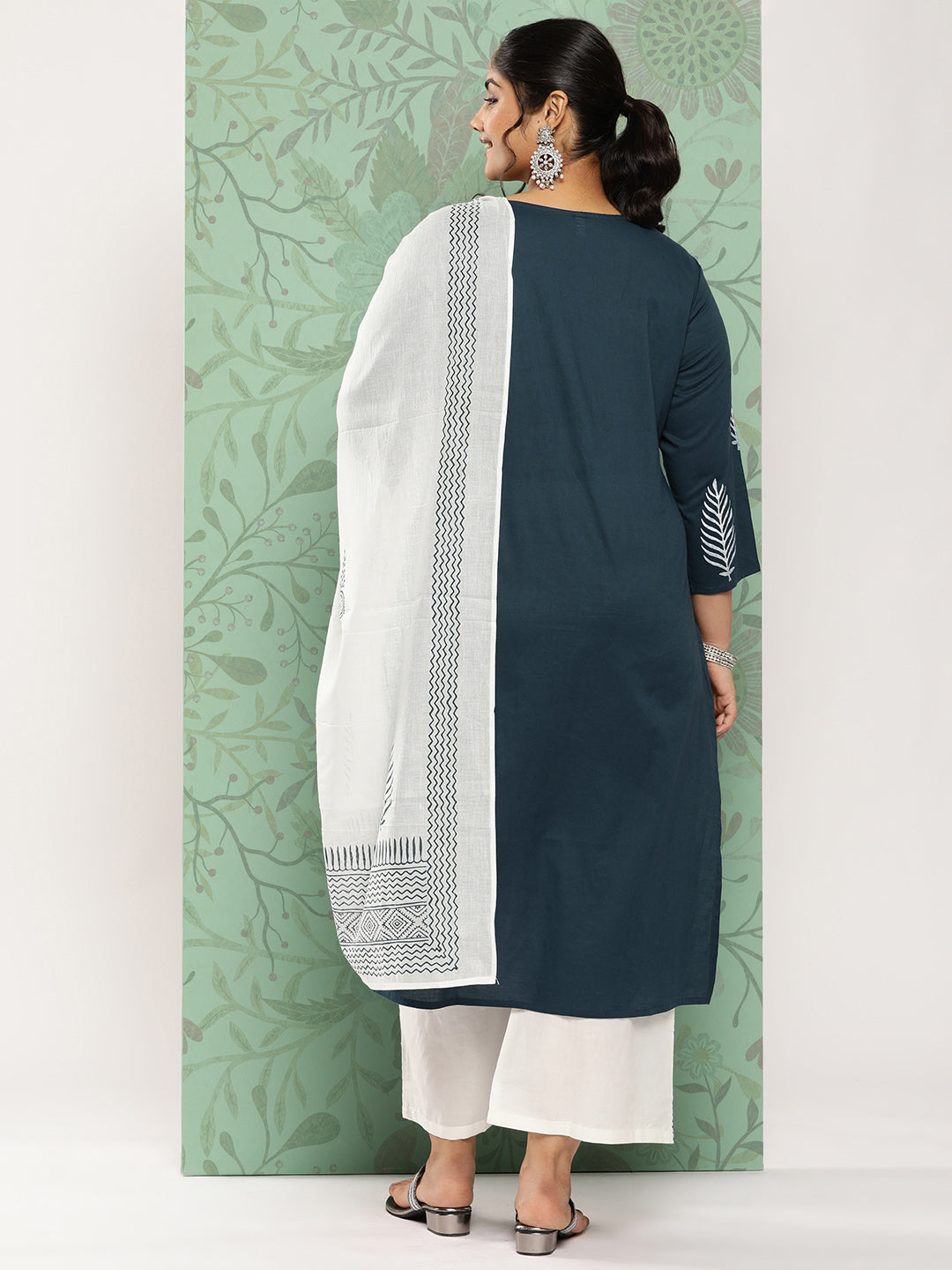 Women's Blue & Off-White Yoke Design Cotton Kurta With Palazzos & With Dupatta