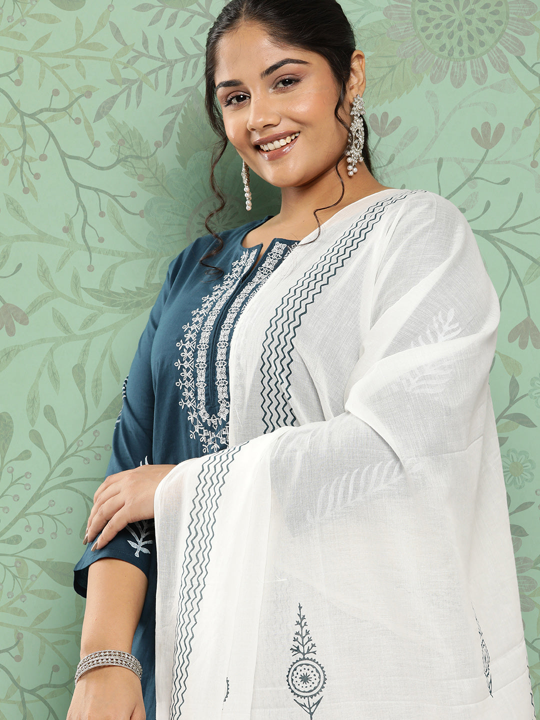 Women's Blue & Off-White Yoke Design Cotton Kurta With Palazzos & With Dupatta