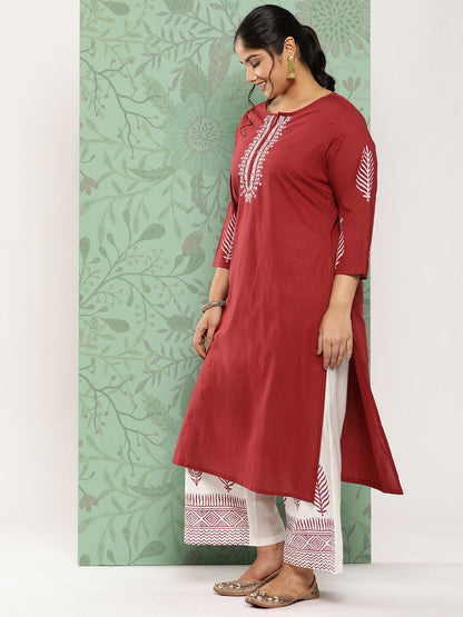 Women's Maroon & Off-White Yoke Design Cotton Kurta With Palazzos & With Dupatta