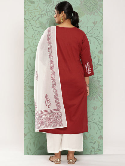Women's Maroon & Off-White Yoke Design Cotton Kurta With Palazzos & With Dupatta