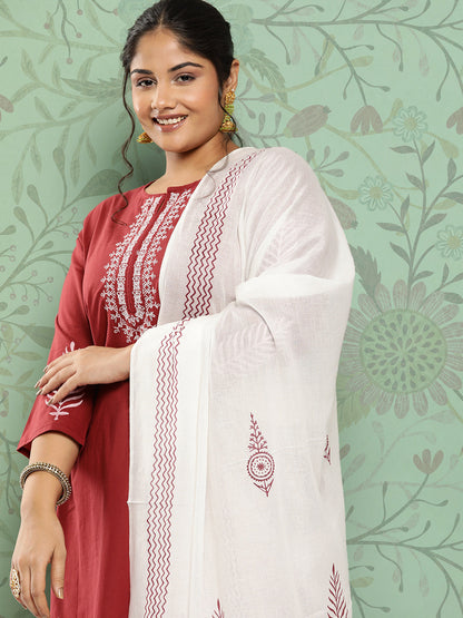 Women's Maroon & Off-White Yoke Design Cotton Kurta With Palazzos & With Dupatta